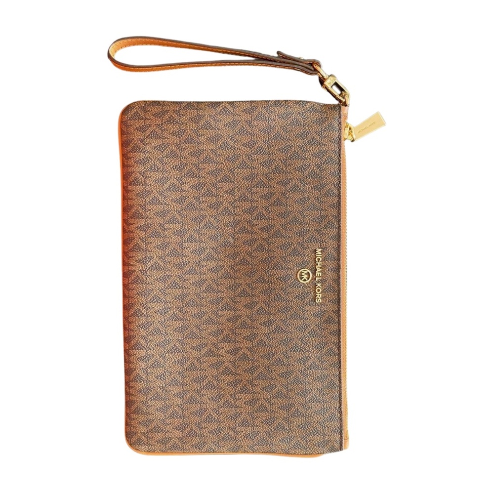 Michael Kors Monogram Wristlet Pouch in Brown with Gold Hardware
